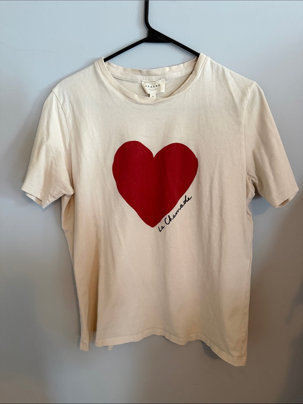 Sezane Cream Tee with Red Heart Print